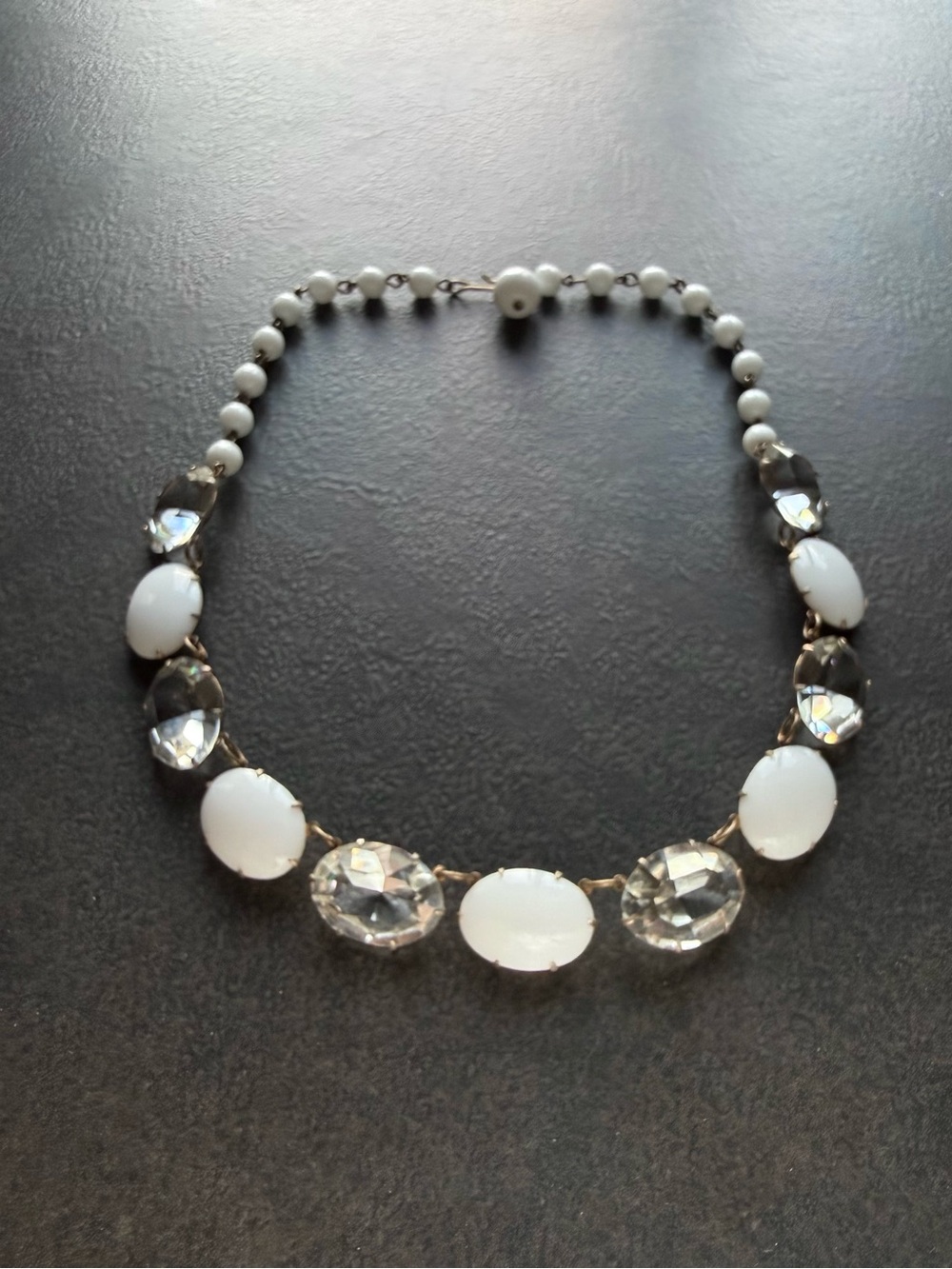 Vintage White and Clear Crystal Cabochon Statement Choker Necklace